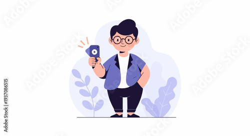 A cheerful person wearing glasses and a blue jacket holds up a smartphone, recording a video