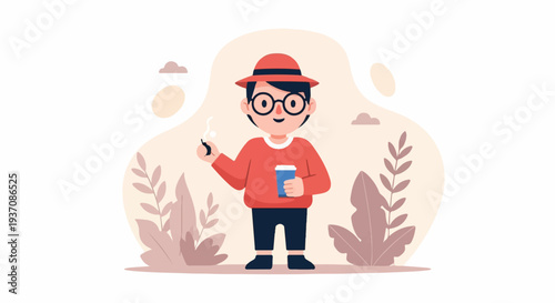 A happy, bespectacled person in a red hat and sweater holds a smoking pipe and coffee