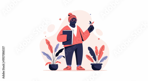 Person with book and plant, surrounded by potted plants, in a stylized graphic