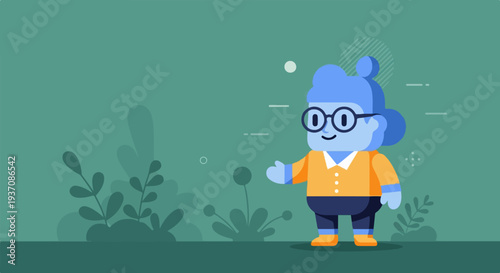 A stylized blue character with glasses and orange shirt stands in a green, abstract environment with plants