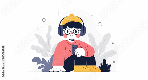 Cheerful individual enjoying music on a phone, surrounded by abstract flora