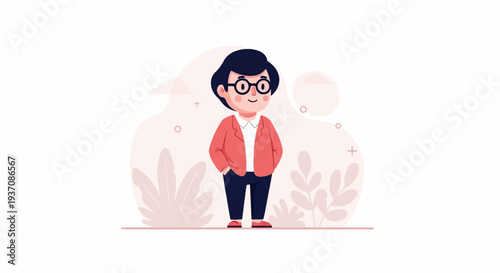 A charming cartoon character with glasses and a jacket stands confidently amidst decorative plants