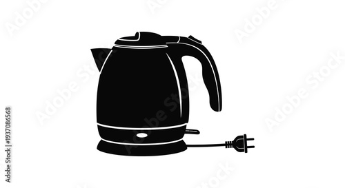 A black silhouette of an electric kettle with a plug displayed on a plain white background