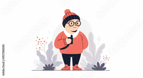 A cheerful, round character in a winter hat and sweater stands amidst sparse, stylized foliage
