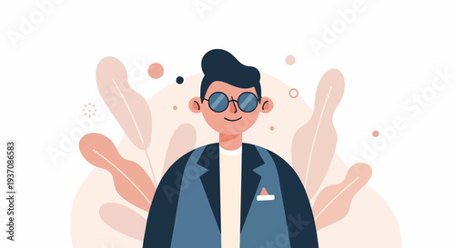 Cheerful man with round glasses and stylish blue jacket against a backdrop of soft, organic shapes