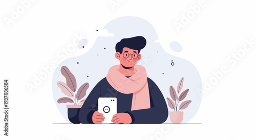 A stylized person with glasses and a scarf holds a smartphone, surrounded by plants