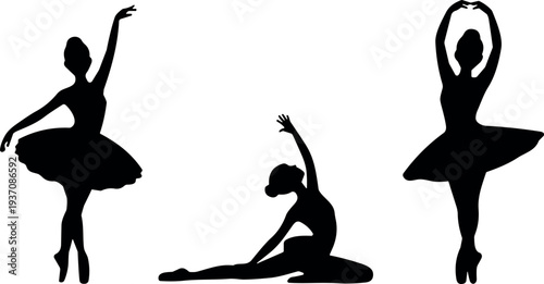 Elegant Black Silhouette Vector Illustration of Graceful Ballerinas in Classic Ballet Poses and Dance Positions for Performing Arts Design Graphics and Creative Projects