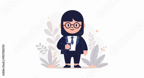 Stylized character in a suit and tie holding a small cup, surrounded by botanical elements