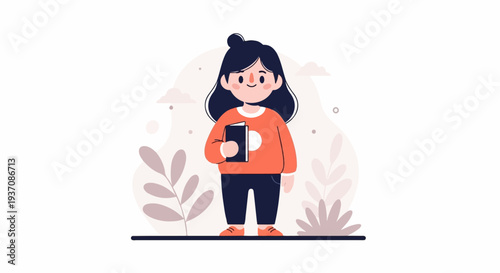 Cute cartoon girl in an orange sweater and dark pants, holding a book