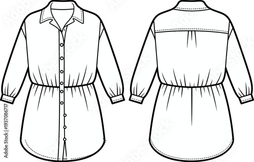 MobileFashion Technical Sketch of Women Casual Button Down Shirt Dress Featuring Elasticated Cinched Waist Classic Collar and Long Cuffed Sleeves  