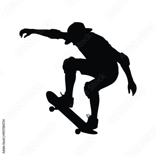 Silhouette of a skateboarder performing a trick against a white background