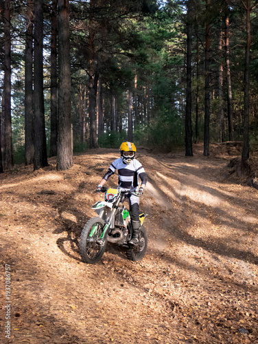Tableau sur toile Motocross rider on motorcycle driving through forest trails