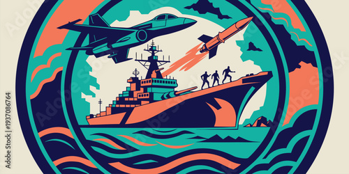 A stylized illustration depicting a naval scene with aircraft and missiles