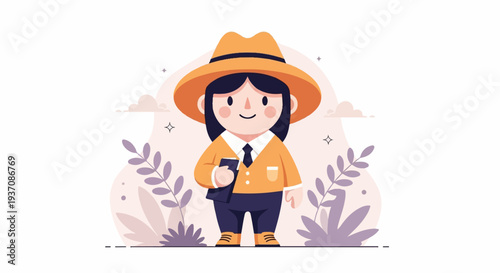 Cheerful cartoon figure in orange hat and jacket holding a tablet, surrounded by abstract plants and clouds