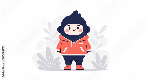 A cute, round character in a blue hooded outfit and coral jacket with grey plant designs