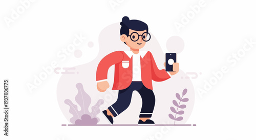 A person in a red jacket and black pants walks while holding a smartphone