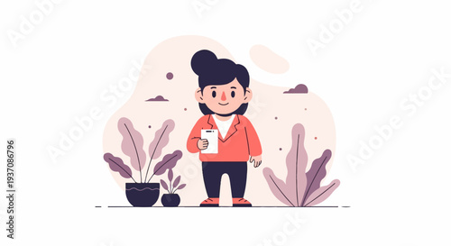 A stylized woman in a coral jacket holds a white tablet device amidst potted plants and abstract shapes