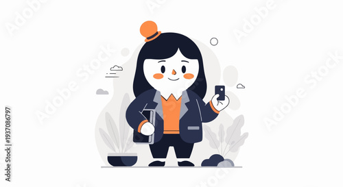 Friendly cartoon person in business attire holding a phone and tablet