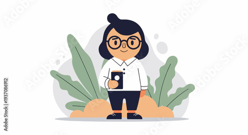 A stylized cartoon figure with dark hair, glasses, holding a book, surrounded by green foliage