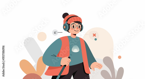 Cheerful person with headphones and cane, surrounded by abstract shapes