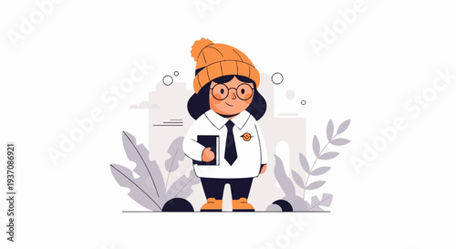 Cartoon character in winter hat, glasses, and uniform, holding a book