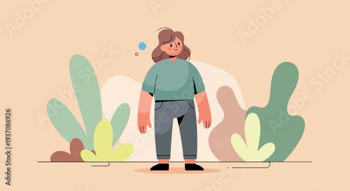 A minimalist illustration of a person standing amidst abstract shapes resembling foliage