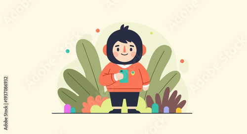 Cute animated character in orange sweater holding phone, surrounded by plants