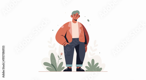 A stylized figure stands confidently amidst minimalist foliage