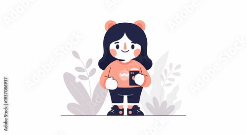 Adorable cartoon girl with dark hair, wearing a peach sweater and dark shorts, holding a phone