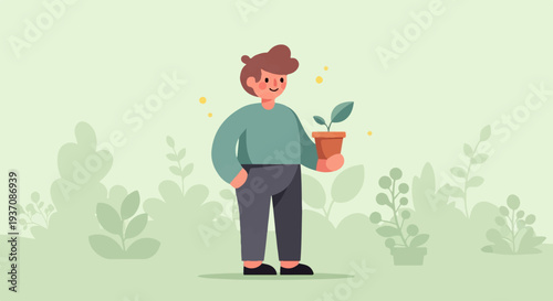 A person holding a potted plant in a garden setting with lush greenery