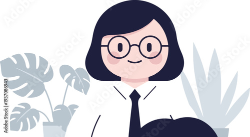 Cheerful, bespectacled cartoon character in a shirt and tie, surrounded by potted plants