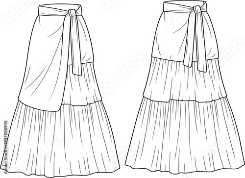 MobileFashion Technical Sketch of Women High Waisted Tiered Maxi Skirt with Wrap Front Tie Waist and Ruffle Hem Layers Vector Template for Design (23 t 
