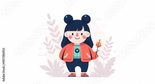 Cute cartoon child with dark hair styled in twin buns, wearing a coral jacket and holding a single autumn leaf