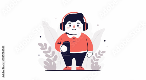 A cartoon person with headphones and a phone, surrounded by stylized plants