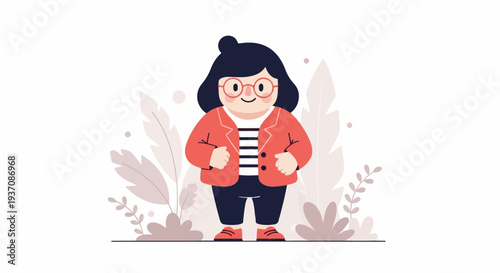 A stylized, full-body cartoon of a person wearing glasses, a red jacket, striped shirt, and dark pants