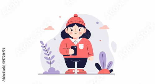 Character in winter clothes holding a smartphone amidst abstract plants and clouds