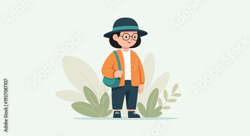 A stylized character with glasses, a hat, and a satchel, stands amidst abstract foliage