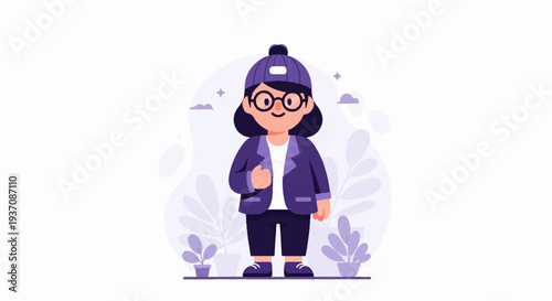 Young person in purple cap, glasses, and suit stands confidently with plants