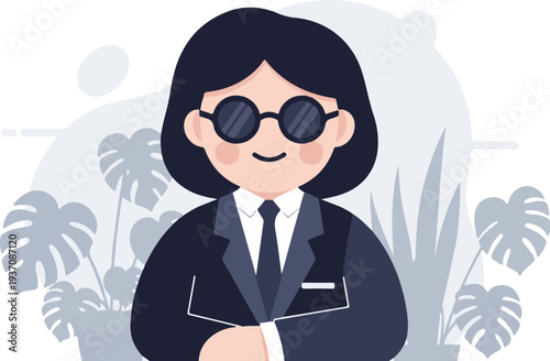 Stylized portrait of a person in a suit and sunglasses with houseplants
