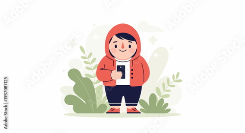 A cheerful cartoon child in an orange hoodie stands outdoors holding a smartphone