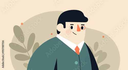 A stylized, flat illustration features a smiling man in a suit with a tie