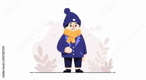 A stylized illustration shows a person in a blue coat, yellow scarf, and matching hat