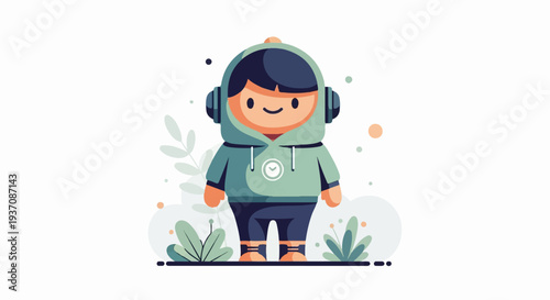A cute cartoon character in a green hoodie and headphones stands amidst gentle foliage and soft circles