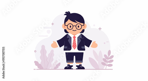 Friendly cartoon character in business attire with arms outstretched in greeting