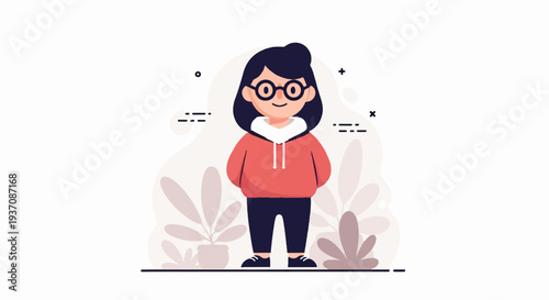 Cute character in a red hoodie and glasses with plants and abstract shapes