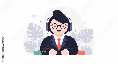 Cheerful person in headphones and suit, surrounded by stylized plants