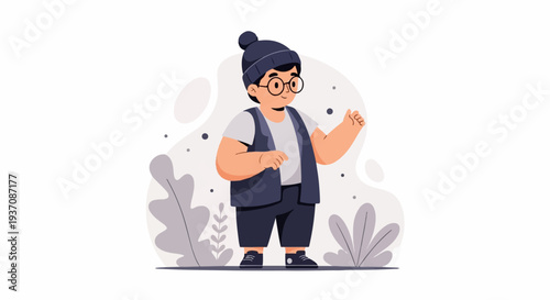 Young person in beanie, glasses, and vest standing with plants