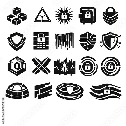 Collection of security icons representing protection and safety measures