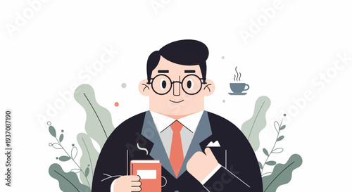 A businessperson in a suit, wearing glasses, holding a book and a cup of coffee