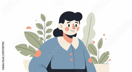 Flat illustration of a person with plants and abstract shapes in muted colors